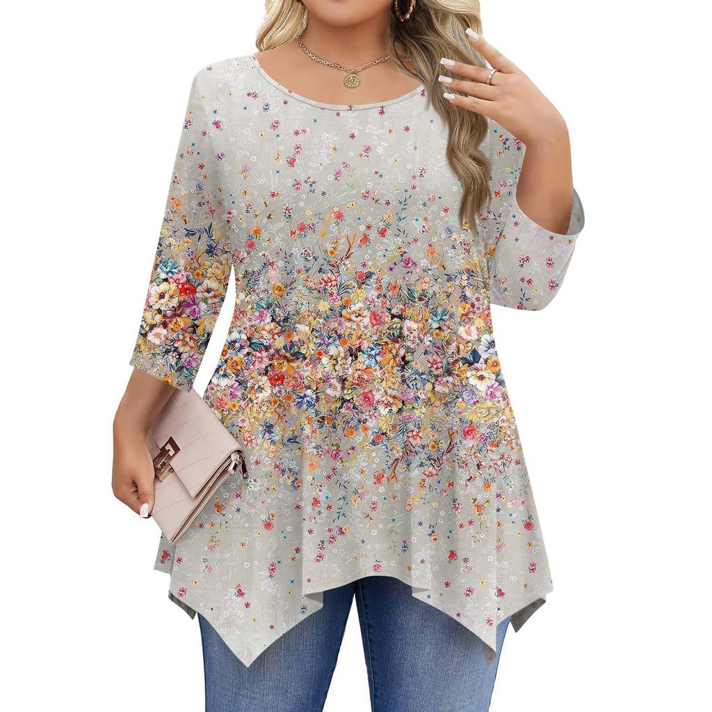 Womens Plus Size 3/4 Sleeve Shirts  Round Neck Tunic Tops Basic Loose Fit Tee Tops L-5XL