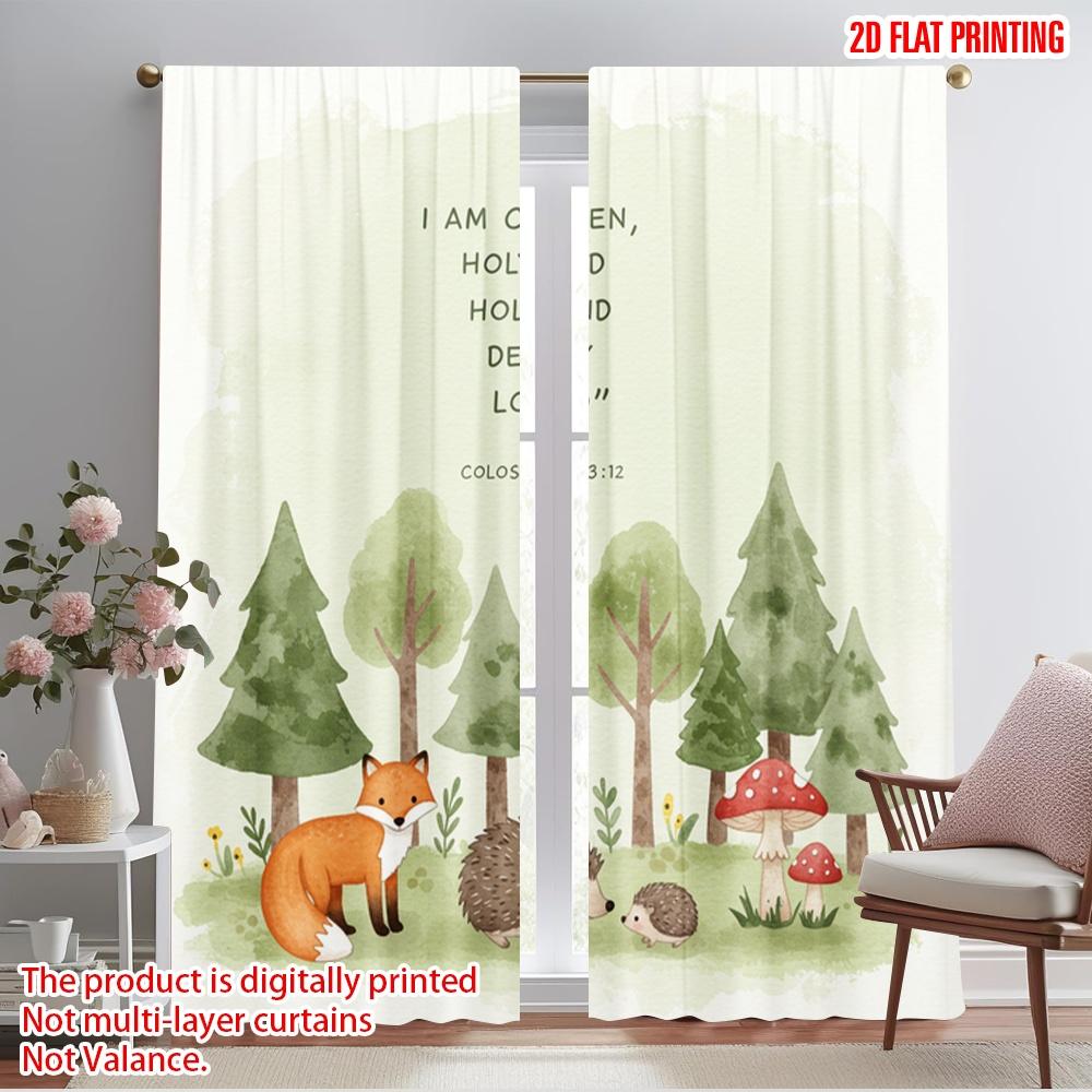 2pcs 2D flat printing Scene Curtain Chosen Loved Woodland Forest Animals 100% Polyester Fabric Without Electricity Festive