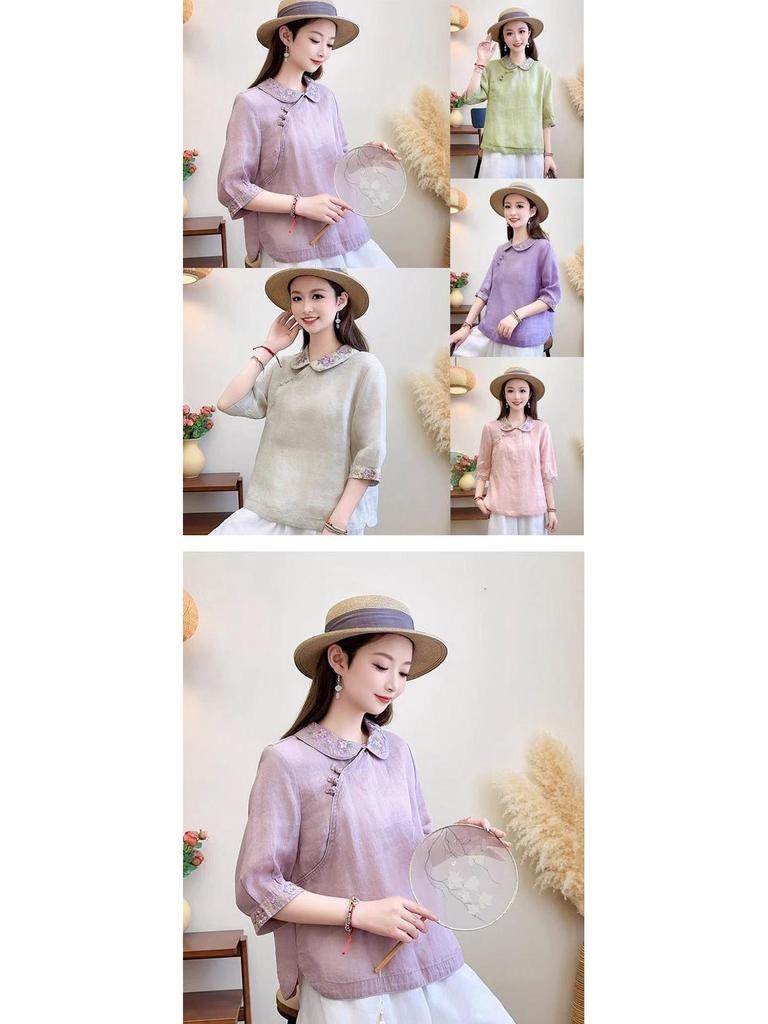 Women's Summer 2024 Chinese Retro Embroidered Cotton Linen Shirt