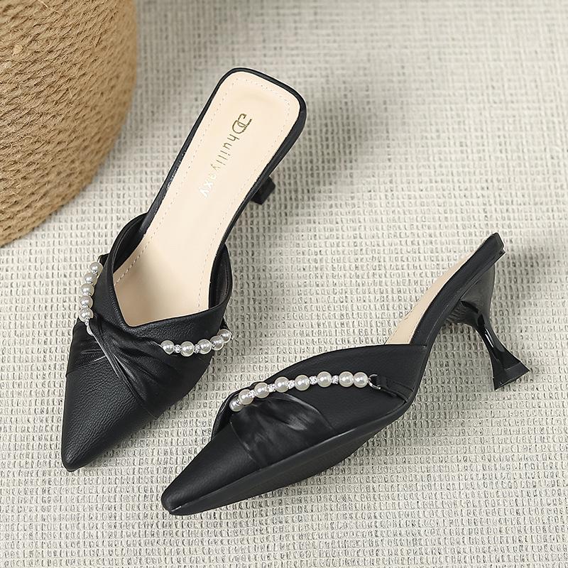 Huiliya Baotou Pointed Toe Women's Pearl Chunky Heel Mules 912-D86