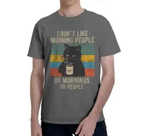 I Hate Morning People and Mornings and People Coffee Cat T-Shirt Graphic T Shirts for Men Women Teens Casual Cotton Daily