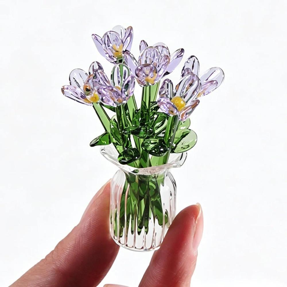 Mini Glass Flowers Tiny Bouquet, 7 Pcs Glass Flowers in Vase for Mothers Day Birthday Valentines Table Centerpiece Garden DIY Craft