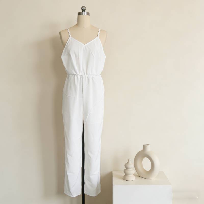 Cotton Wide Leg Jumpsuit With Deep V Neck Back Tie For Casual Streetwear Women