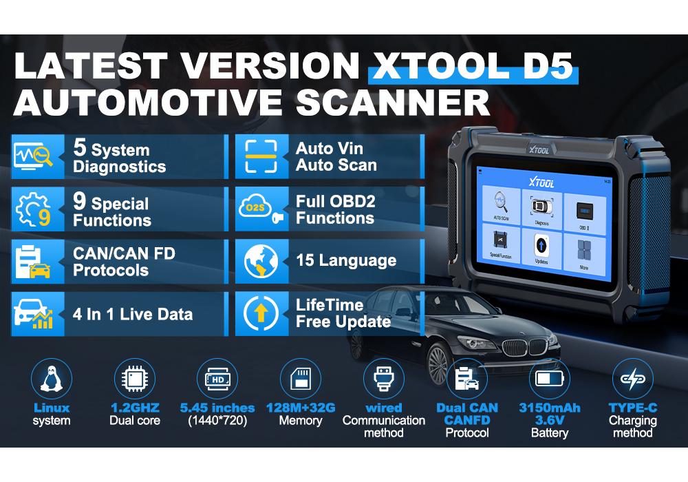 XTOOL D5 2026 Model: 5-System Diagnostic + Free Special Functions Update (CAN FD/FCA)