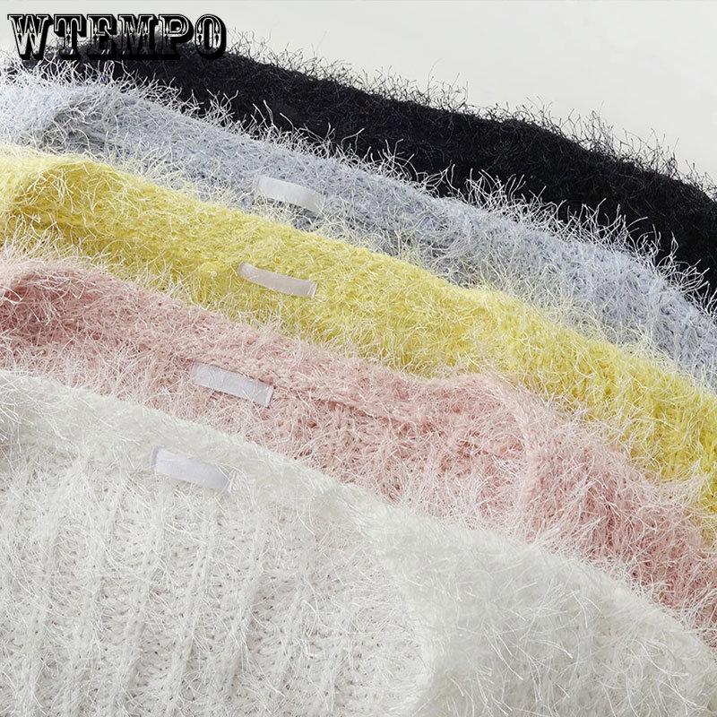 Fluffy Short Sweater Sexy V-neck Long Sleeved Single Breasted Coat Korean Chic Knitting Top Fashion Pink Cropped Cardigan Mujer