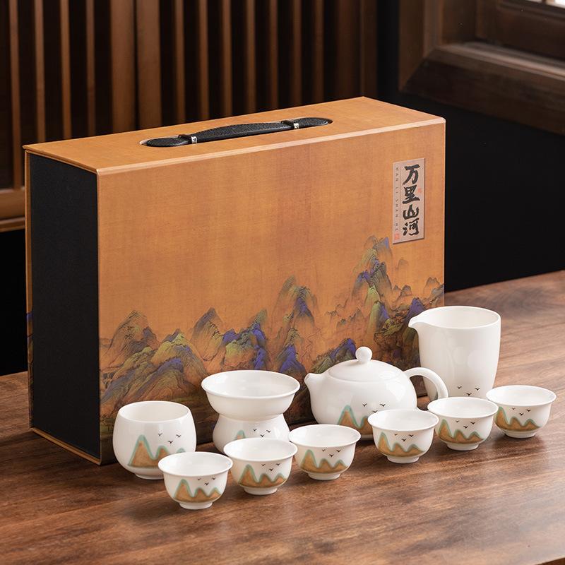 Talgjade Porzellan Kung Fu Tee-Set Deckelschale Teetasse Teekanne Geschäftsgeschenk 11-teiliges Set für leitenden Lehrer Vater