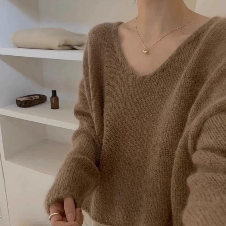 

Women s V-Neck Knitted Sweater - Early Autumn, Versatile, Loose Fit, Solid Color XL (125-140 jin) верблюд