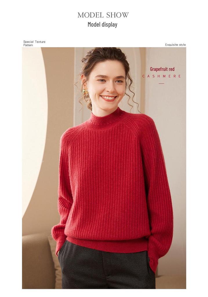Women's Cashmere Pullover: Loose Fit, Thick 7-Gauge, Half-High Collar, Solid Color Knitwear Sweater for Autumn/Winter.