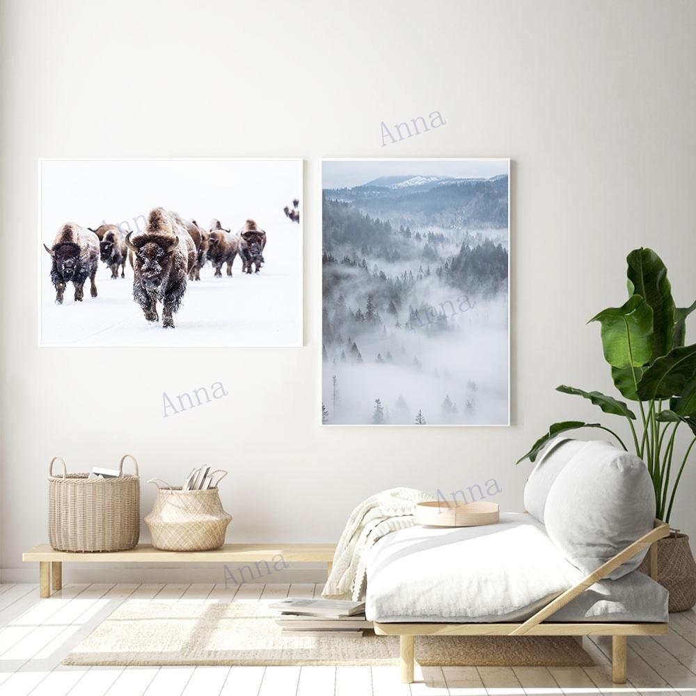 Christmas Home Decor Poster Winter Farmhouse Bison Paintings Pine Picture Scandinavian Wall Art Canvas Painting Living Room Deco