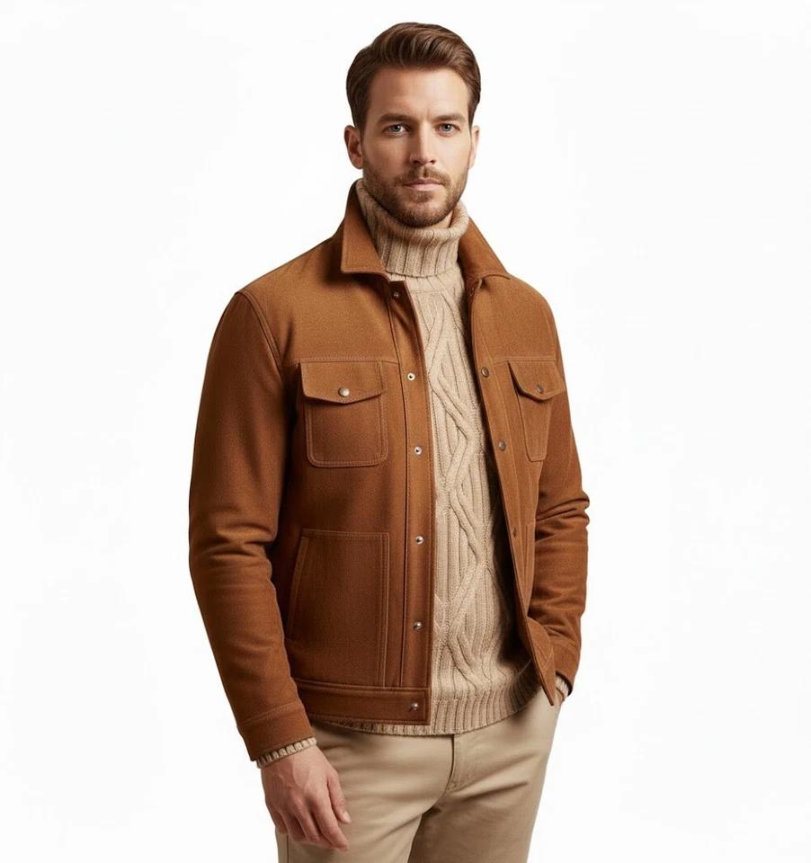 Brown Men's Stylish Suede Lambskin Leather Handmade Genuine Motorcycle Jacket