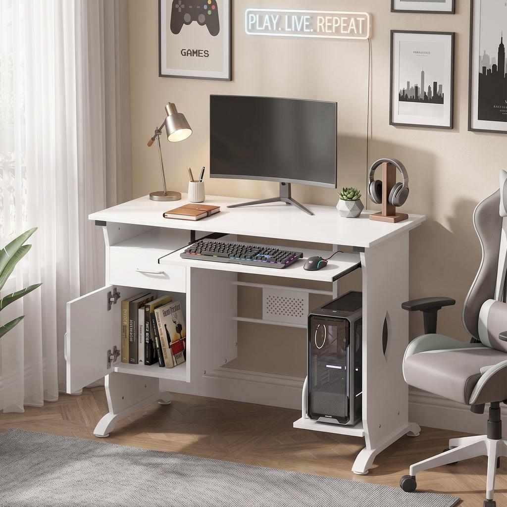 Computer Desk, 100 x 52 x 75 cm, Sliding Keyboard Tray, Drawers, CPU Holder, White