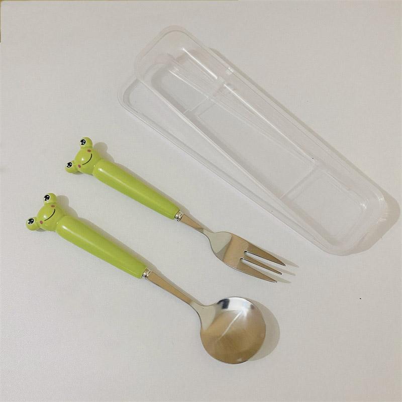 Cartoon Frog Cutlery Set Kids Stainless Steel Fork Spoon with Ceramic Handle Camping Picnic Flatware Utensil Set Tableware