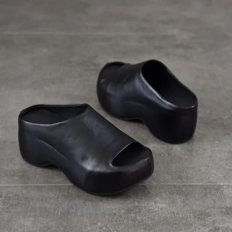 Johnature Genuine Leather Lightweight Thick Soled Peep Toe Slippers Versatile Wedge Heel Women's Slip-on Shoes
