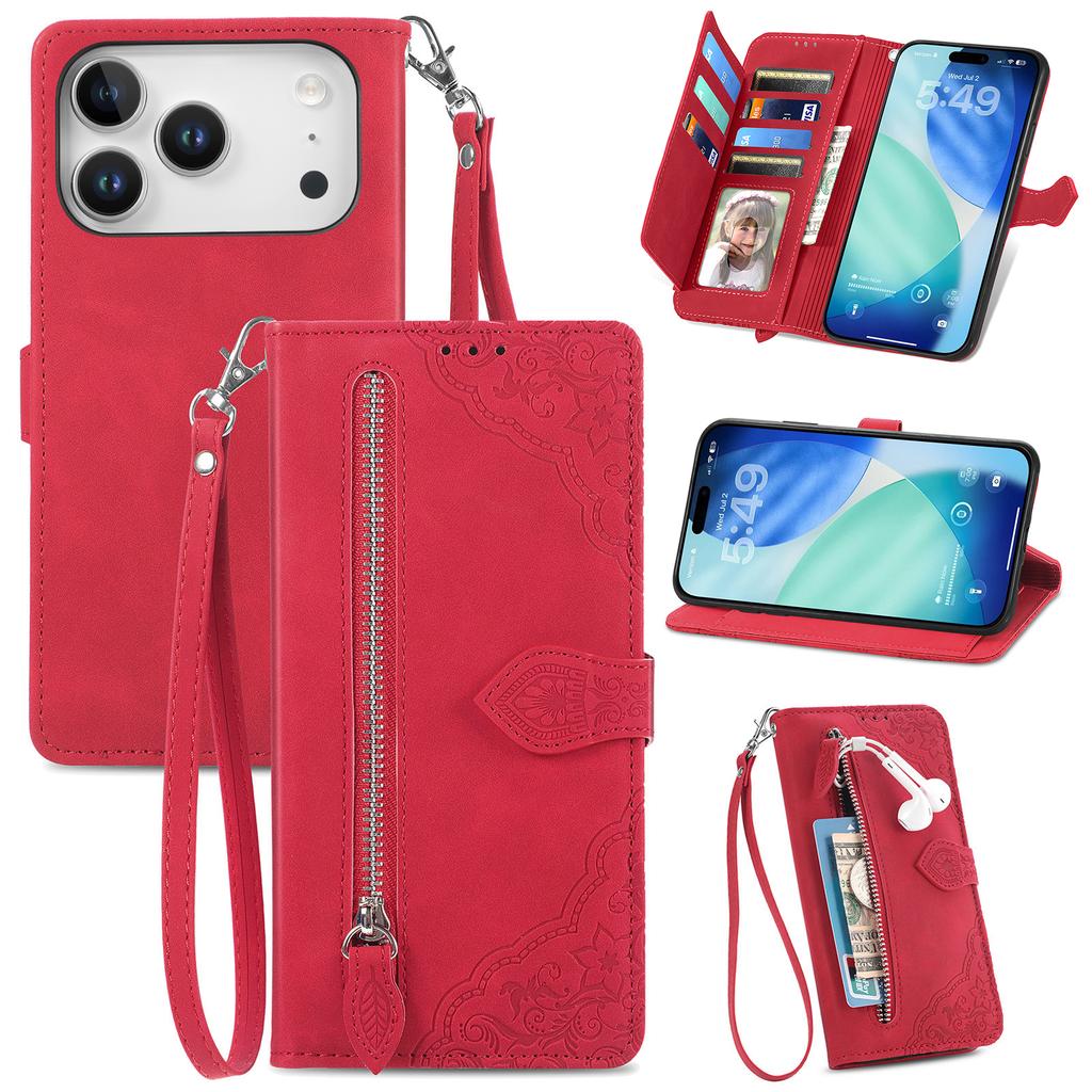 For iPhone 17 Pro Max Zipper Wallet Case with Strap Flower Imprint PU Leather Phone Cover