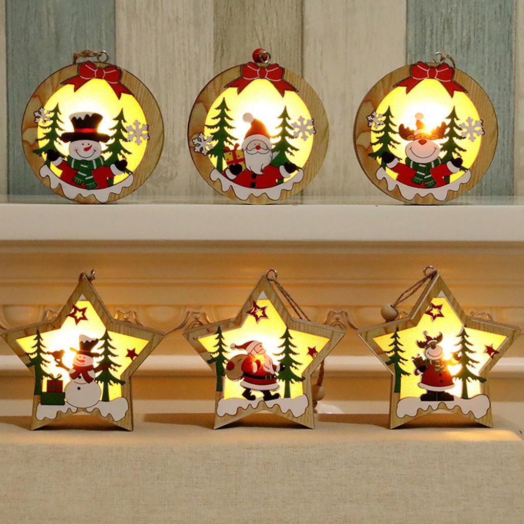 Christmas Hanging Ornaments Star Round Santa Snowman LED Light Wooden Pendant Christmas Decorations Snowman Star Style