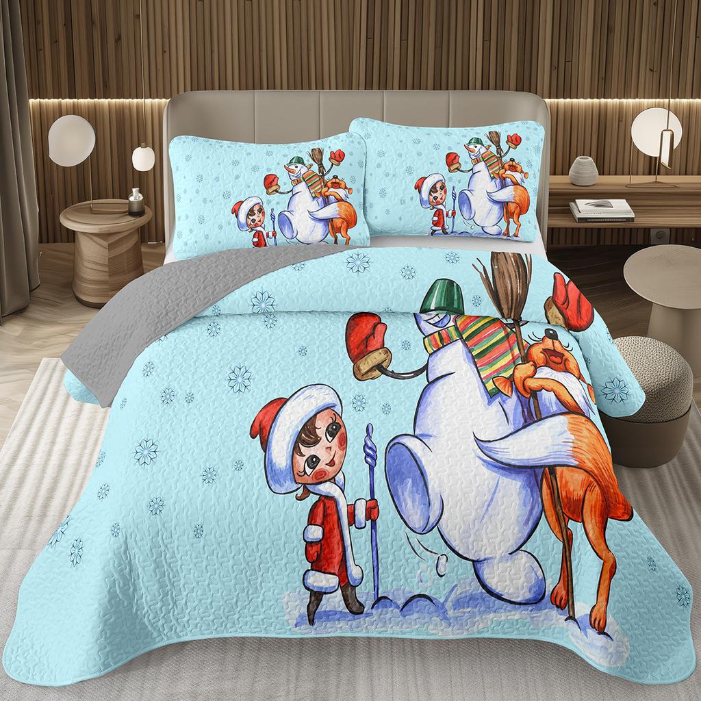 Copriletto Buon Natale, Set Copriletto Pupazzo di Neve Kawaii Queen/Full per Camera da Letto Bambini Ragazzi Ragazze, Set Piumino Tema Natale Cartone Animato