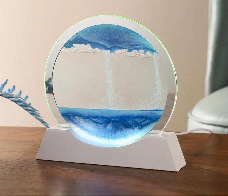 Песочный пейзаж Движущаяся песочная картина Настольная лампа 3D Песочные часы Текучий песок Песочная живопись Офисный стол Домашний декор Подарки 7 inch&USB Plug