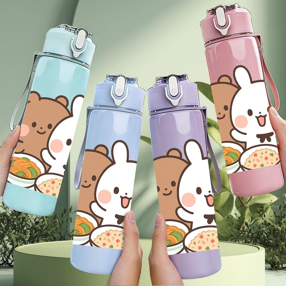 1PC Bear Bunny Food Cartoon Print 750ml Color Plastic Sports Water Bottle Leakproof Flip Straw Lid Suitable for Sports Office Home Use