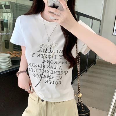 Front Shoulder Letter Printed Short-sleeved T-shirt for Women In Summer New Design Bow Slim Fit Top