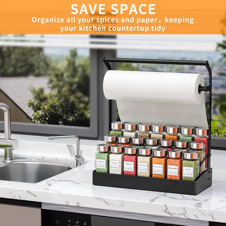 

2 в 1 Настольная полка-держатель для бумажных полотенец с подставкой для специй 3-ярусная организация специй для шкафа Держатель для бумажных полотенец без сверления United States