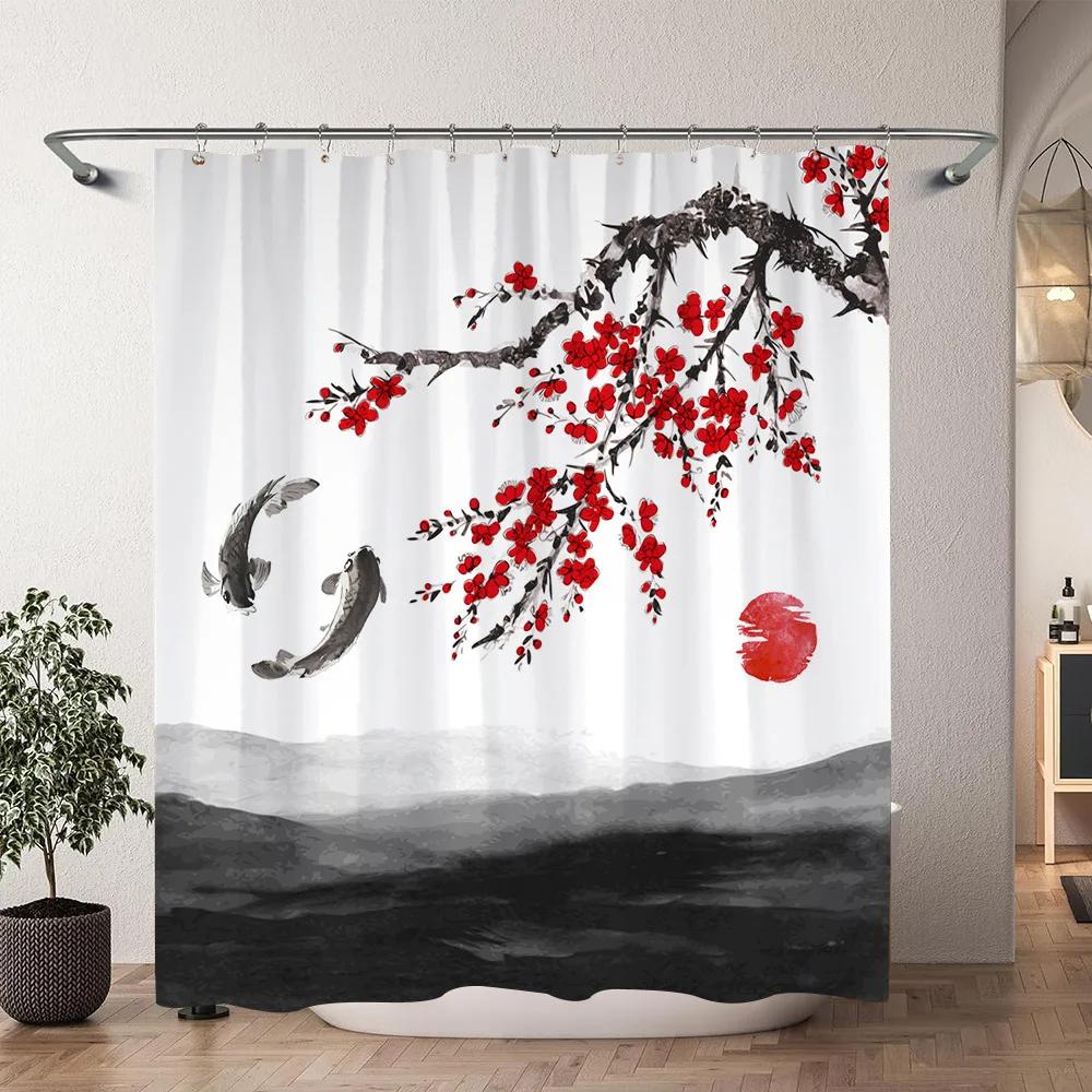 Japanese Cherry Blossom Watercolour Print Shower Curtain Koi Waves Chinese Ink Painting Polyester Shower Curtains Bathroom Decor