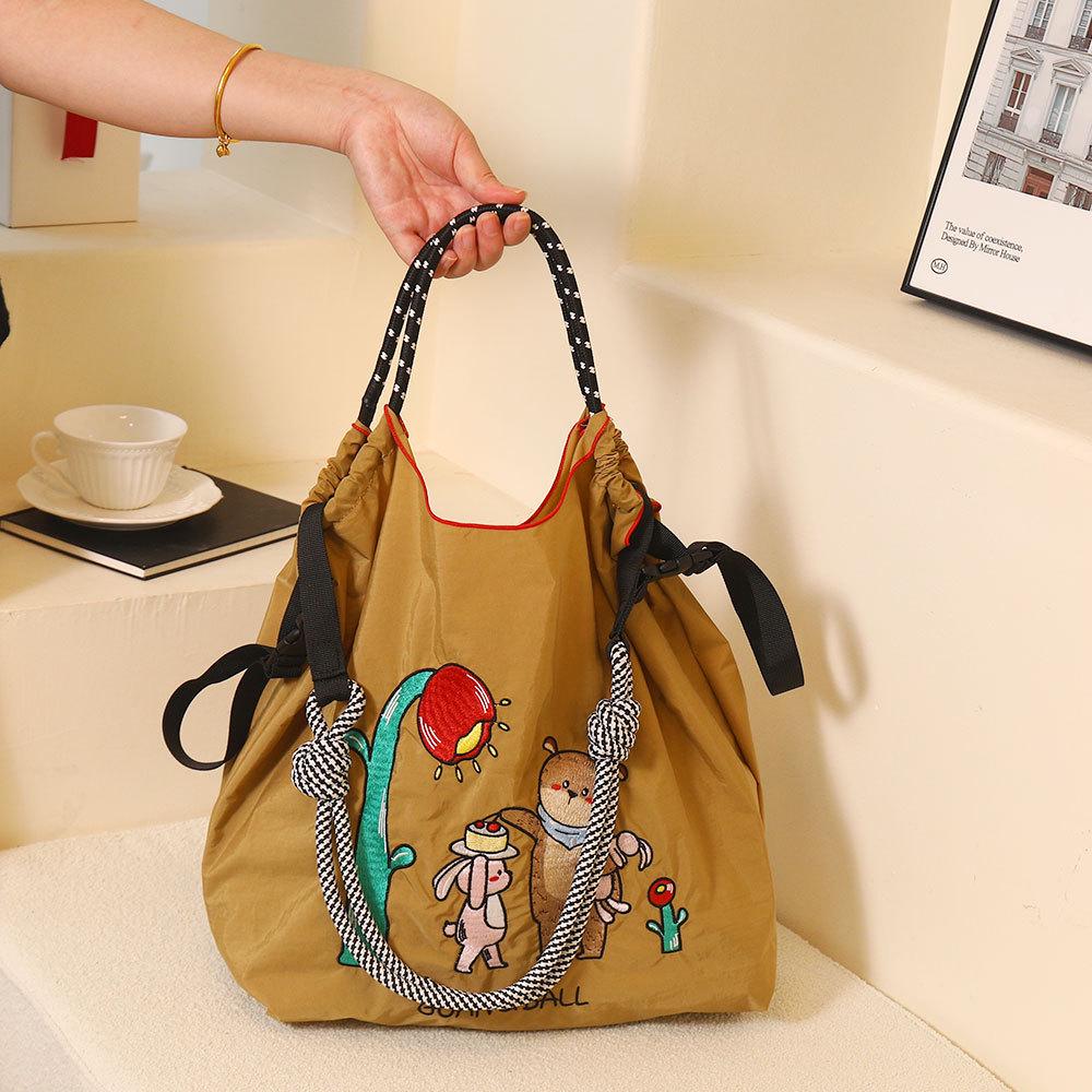 Japanese Style Handmade Waterproof Nylon Canvas Bag with Embroidered Patterns, Large Capacity