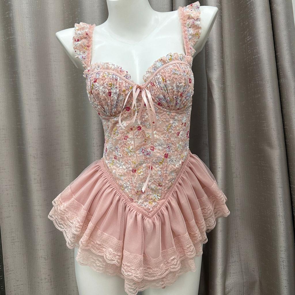 This Classic Corset-style Lingerie Set Features Embroidery, Lace, Fringe, and Lace-up Details, Crafted In An Exotic Uniform-inspired Design.