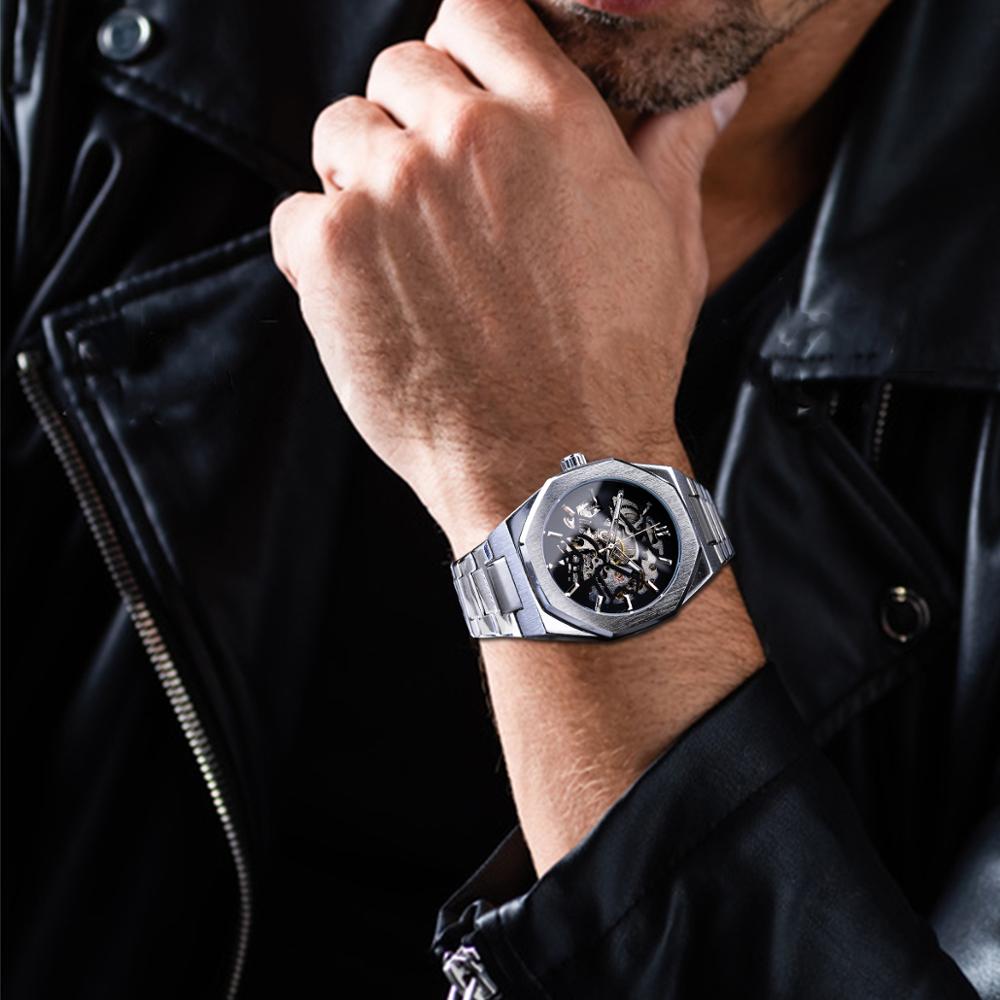 Forsining Fashion Steampunk Luxury Black Dial Mens Automatic Mechanical Watch Waterproof Skeleton Design Relogio Wristwatches