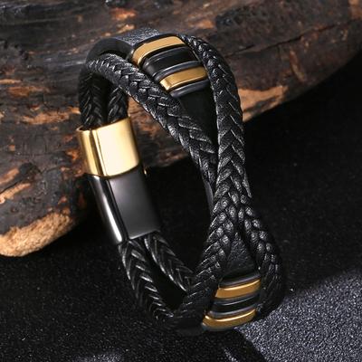 Fashion Stainless Steel Metal Men Bracelet Multilayer Weave Genuine Leather Rope Bangles Bracelet For Women Jewelry Gift