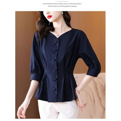 High-end Fashion Women's V-Neck Peplum Blouse 3/4 Sleeve Button-Up Casual Office Top