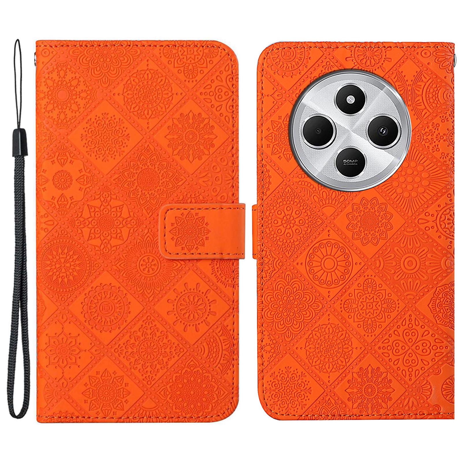 

For Xiaomi Poco C75 4G/Redmi 14R 5G/14C 4G Leather Case Ethnic Style Phone Wallet Cover with Strap Orange