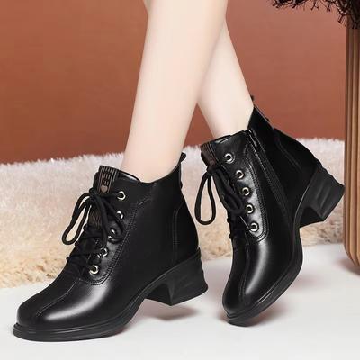 4.5cm British Style Soft Leather Shoes Women's Motorcycle Boots Winter 2025 Med Block Heels Warm Short Fur Ankle Botas Office