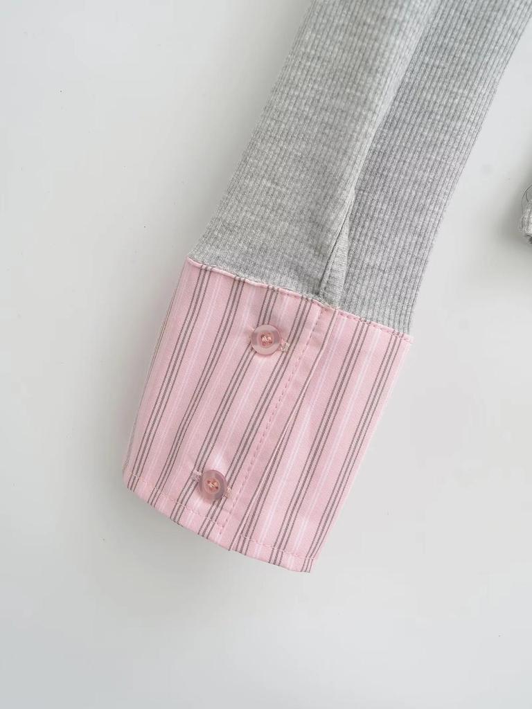 Women's College-Style Faux Two-Piece Striped Patchwork Slimming Long-Sleeve Lapel T-Shirt, Autumn/Winter Korean Style.