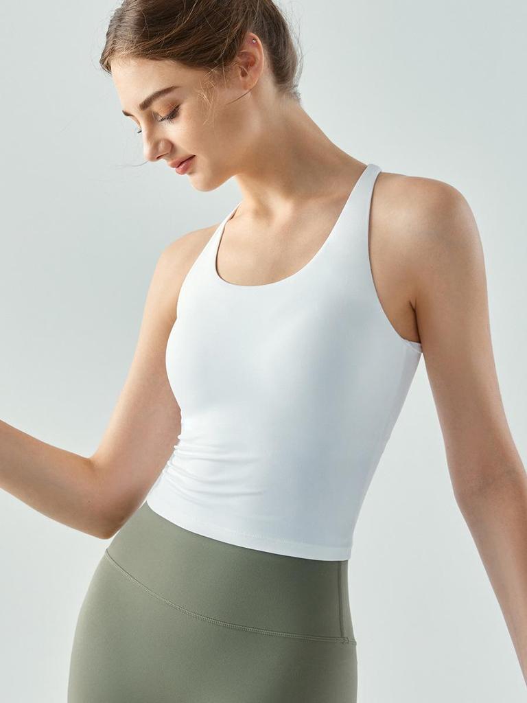 Women's Long Yoga Vest with Chest Pad, U-Neck, Tight-Fit, Beautiful Back, Sleeveless Fitness Sports Top