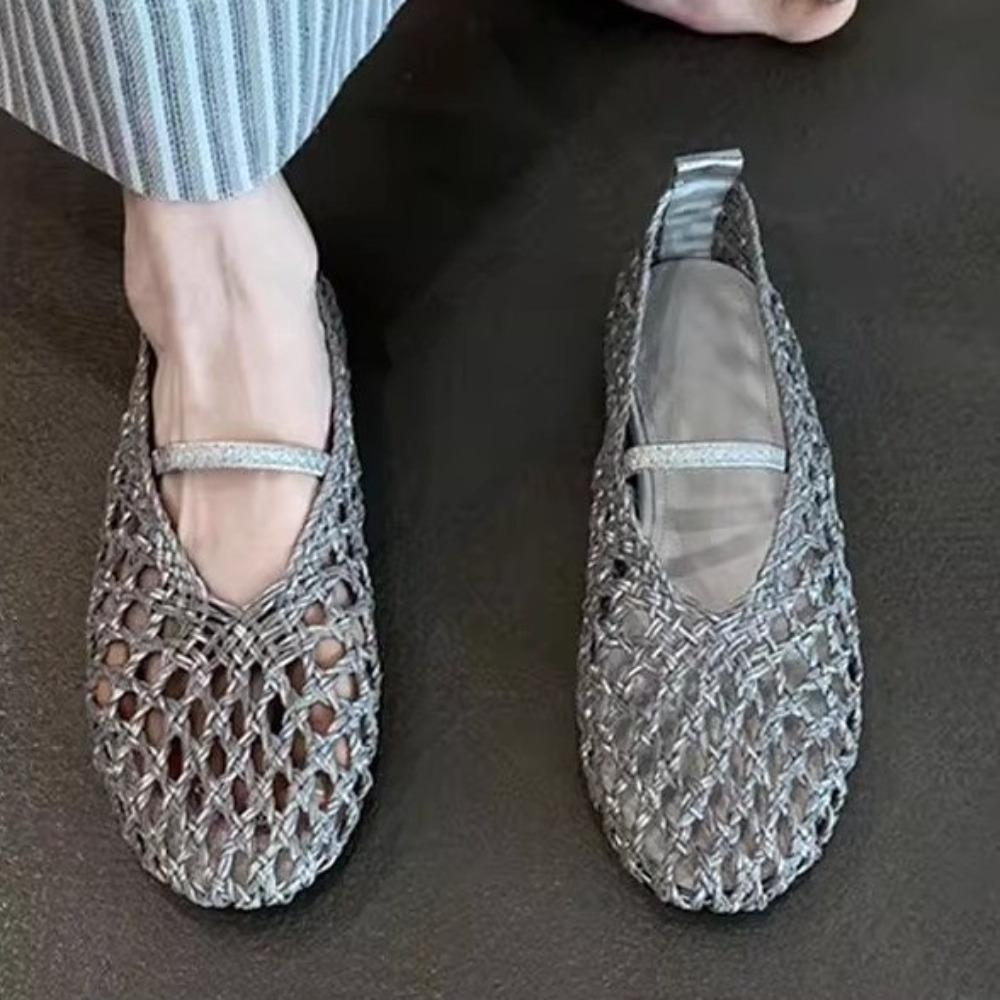 Handwoven Hollow Breathable Flat Sandals Women Summer Fashion Mesh Ballet Flats Women Comfortable Non-Slip Casual Beach Shoes