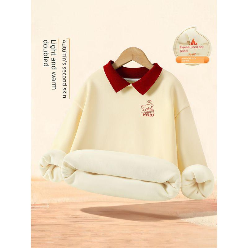 Girls' Sweatshirt Autumn and Winter Style A-Class Children's Autumn Clothing Fleece-Lined Thickened Warm Long-Sleeve T-Shirt Girls' Collared Top