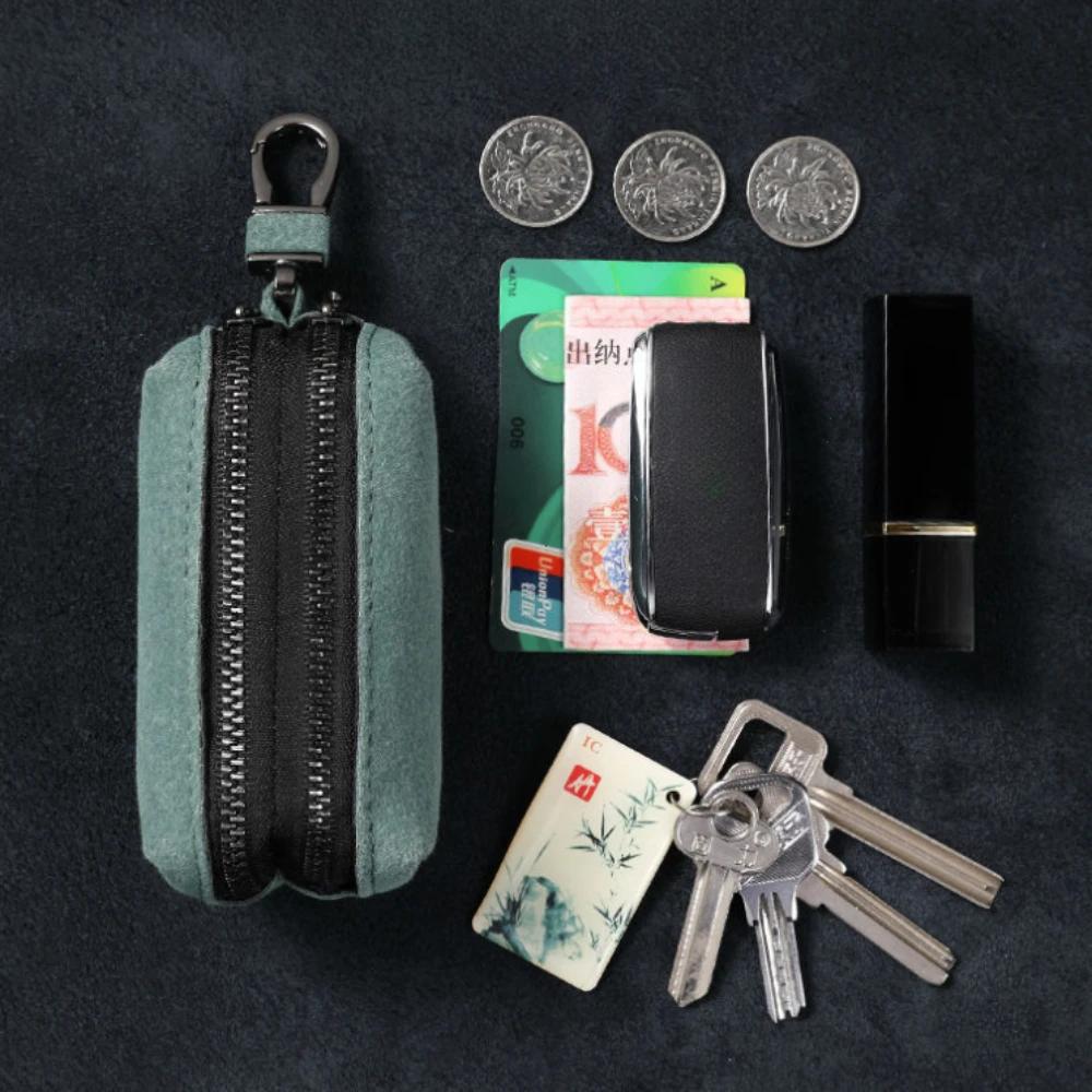 Portable Keychain Wallet for Men Women Large-Capacity Double Zipper Key Pouch Bag Suede Leather Key Case Unisex Coin Purse