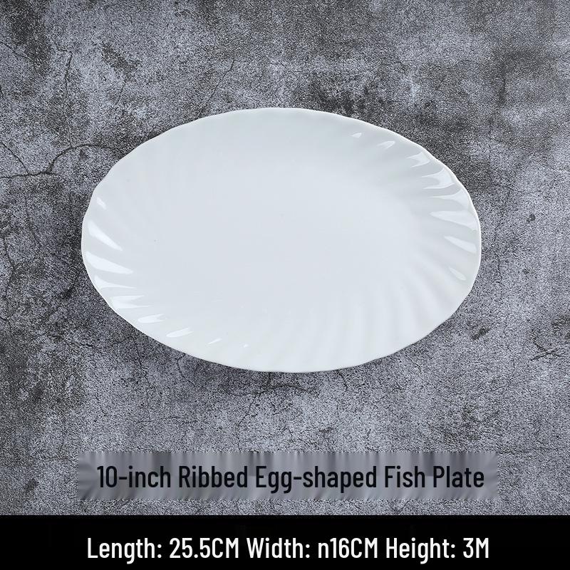 Hotel-Grade White Striped Oval Ceramic Fish Plate – Large and Ideal for Steamed Fish Dishes
