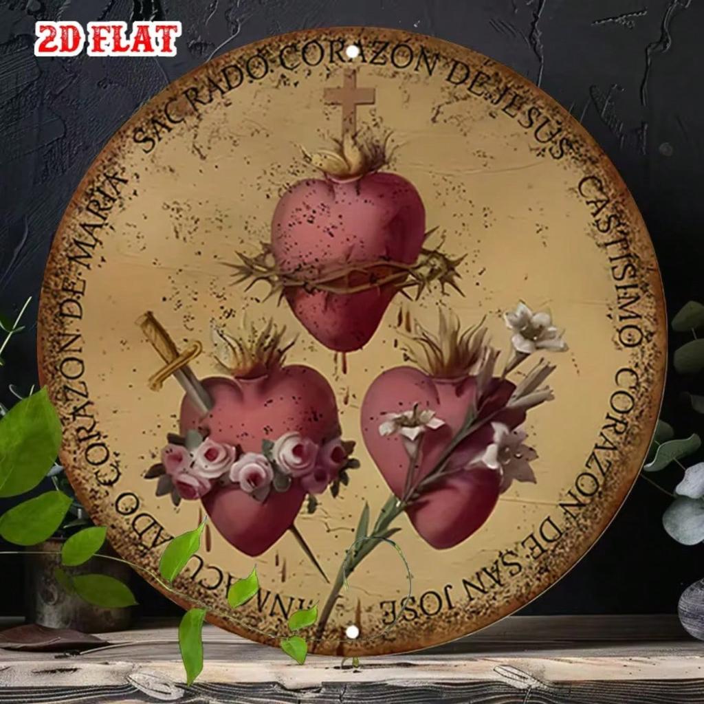 Sacred Heart Metal Wall Art 7.8 Inch Round Iron Sign Religious Rustic Home Decor Garage Cafe