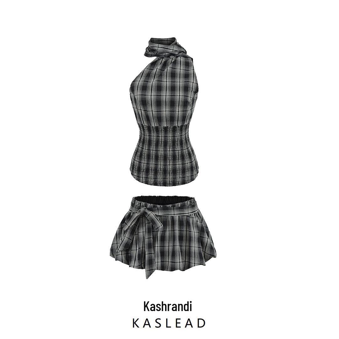 

2025 Spring Women s Plaid Halter Top & Skirt Set - European & American Fashion S