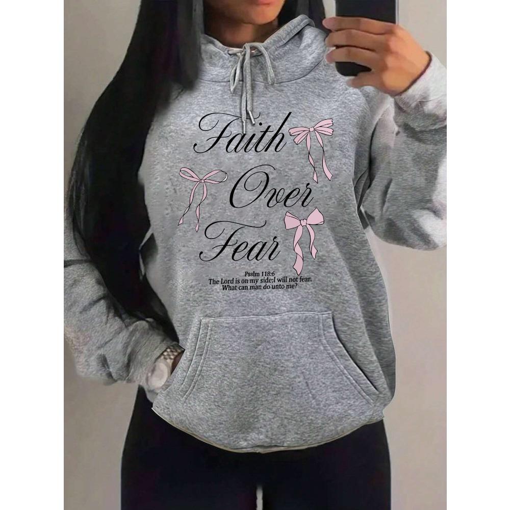 Pink Bow Faith Over Fear Printing Women Hoodies Pocket Loose Hoody Casual Fleece Y2K Hoodie Soft Woman Clothes