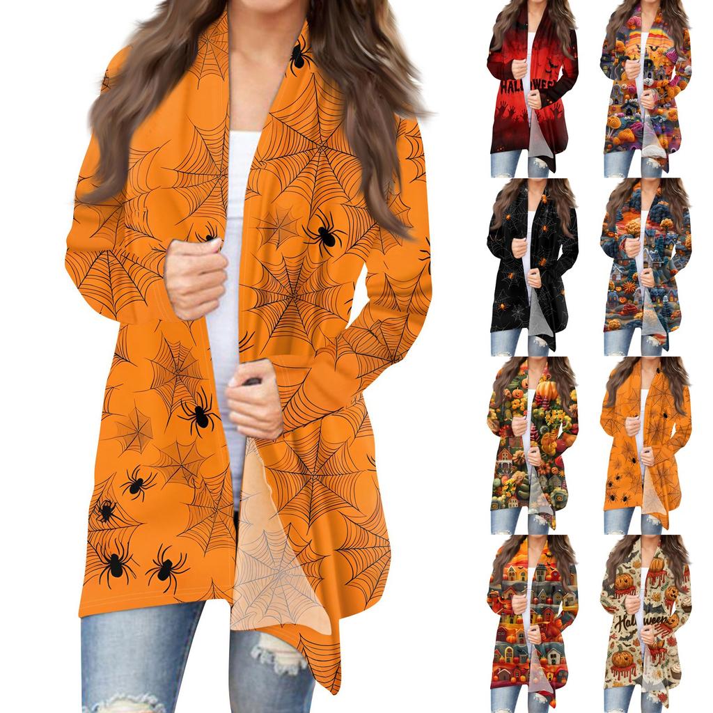 Women's Halloween Print Long Sleeve Front Cardigan Printed Top Lightweight Jacket