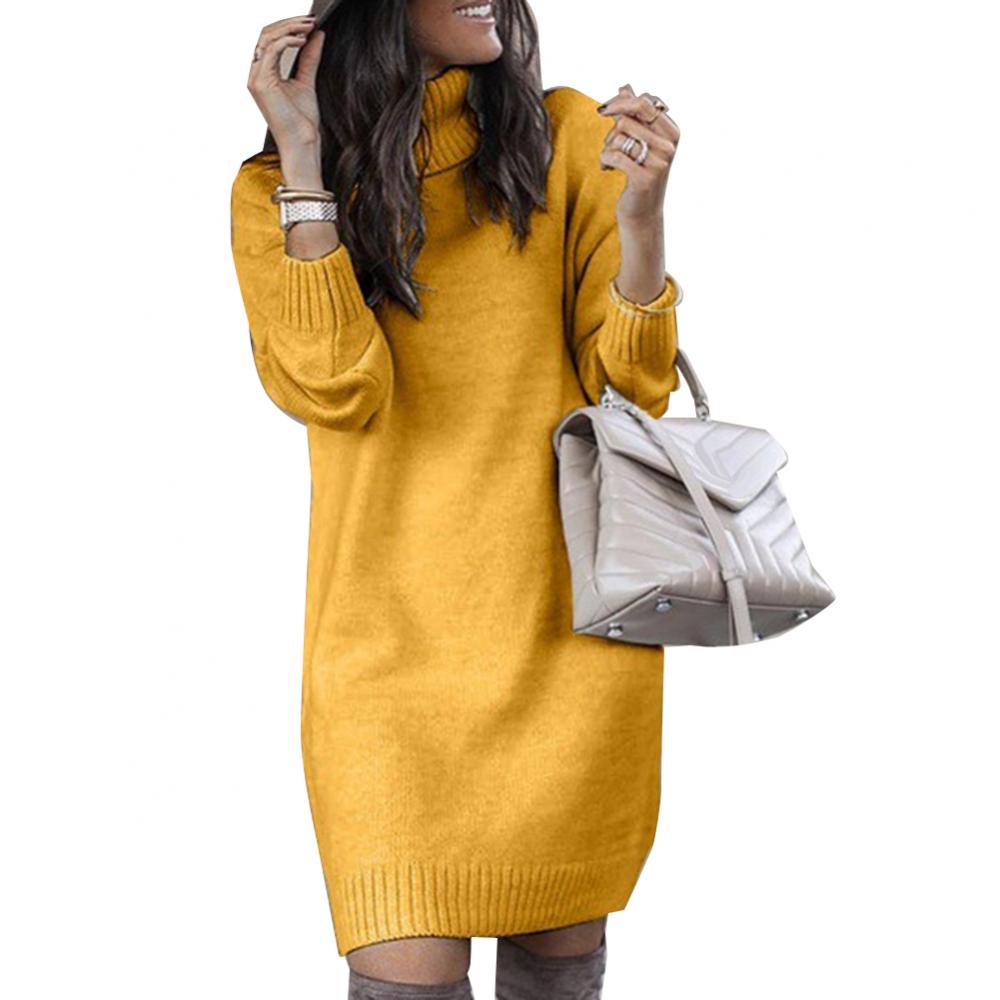 Women Winter Loose Dress Knee-length Dress Women Long Sleeve Autumn Turtleneck Warm Knitted Sweater Knee-length Dress