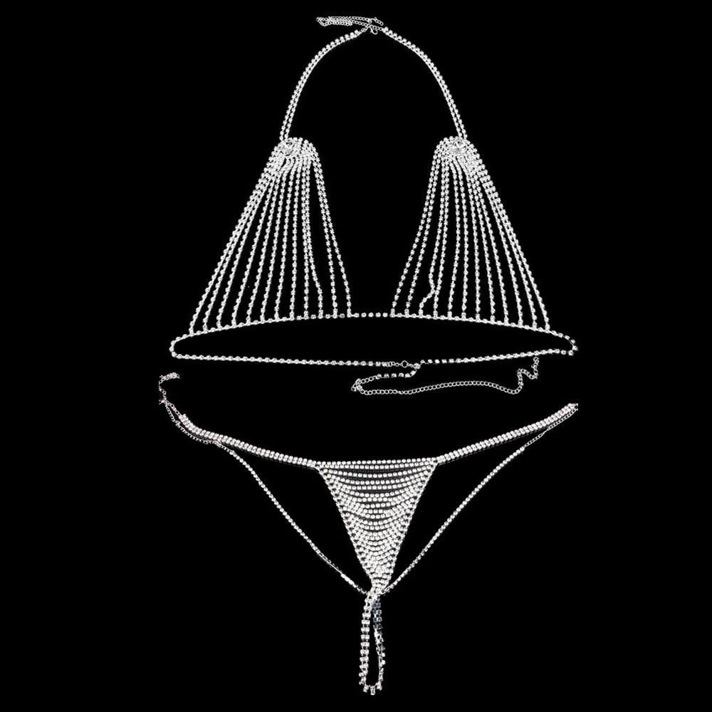 

Сексуальный бюстгальтер и трусики-стринги со стразами для женщин, очаровательные бикини с кристаллами, цепочка для тела, нижнее белье, ювелирные изделия, подарок Gold