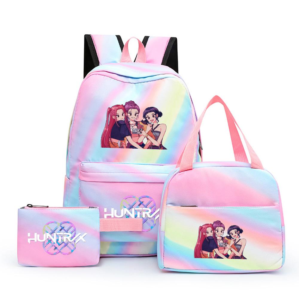 3Pcs/set Cartoon Kpop Printed Backpack with Lunch Bag Pencil Case for Teenager Girl Boy Bookbag Large Capacity Waterproof Travel Bag Kid Gift