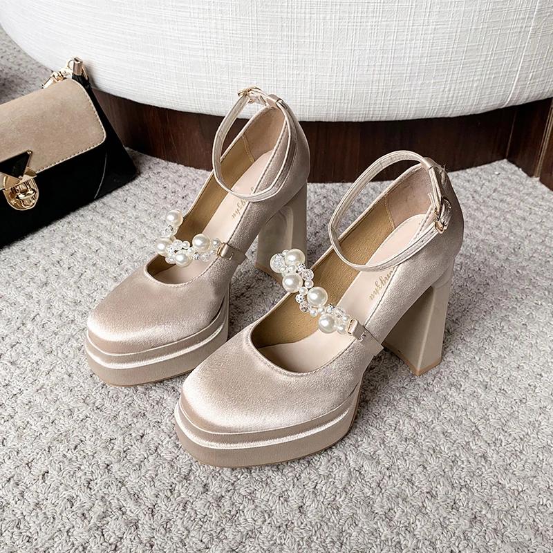 Fashion 2025Original Waterproof Lolita  Jane Shoes  Girls Elegant Satin Bow Paltform High Heel Ladies Sweet Pumps Platform