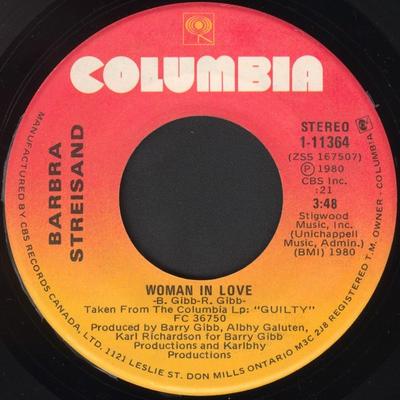 7inch Record BARBRA STREISAND - Woman In Love 111364 Columbia 1980 Canada Pop Used