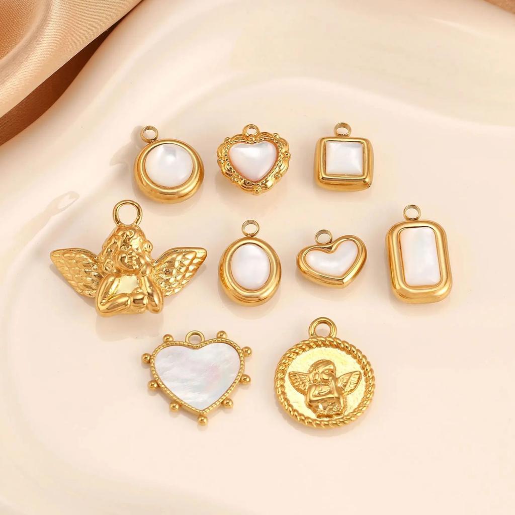 3Pcs Natural Sea Shell Hearts/Angel/Square Shape Charms Stainless Steel Gold Color Pendants DIY Necklace Bracelet Jewelry Making
