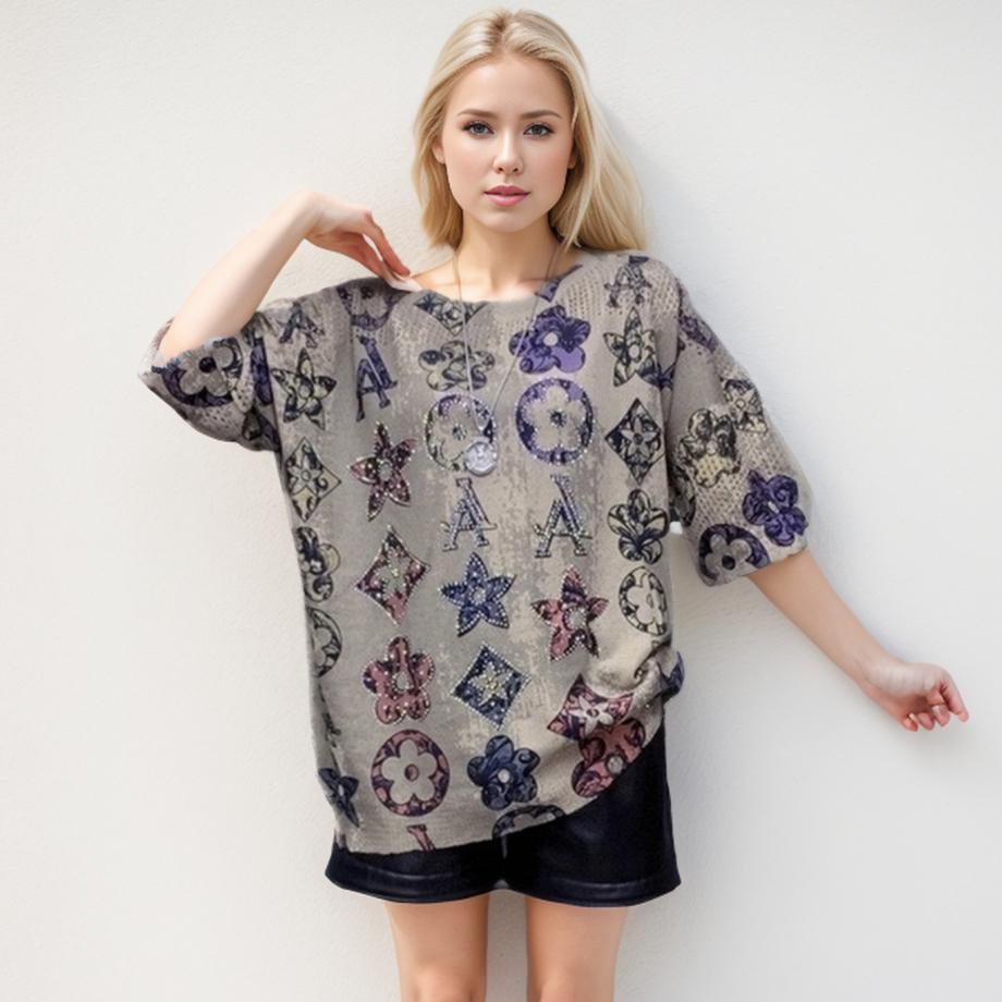 

DIMANAF 2024 Летние женские футболки Летние стильные рубашки с цветочным принтом со стразами Элегантные женские топы Футболки Свободные повседневные белые синие 09