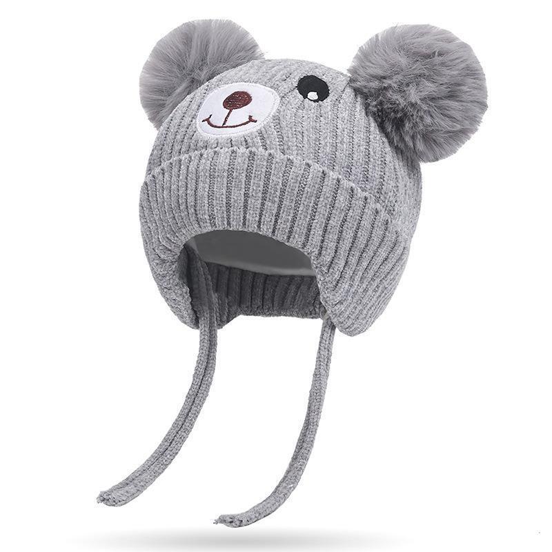 Winter neu niedlicher Bär warmer Ohrenschützer Plüschwollmütze Babymütze Herbst und Winter Bommel Strickmütze